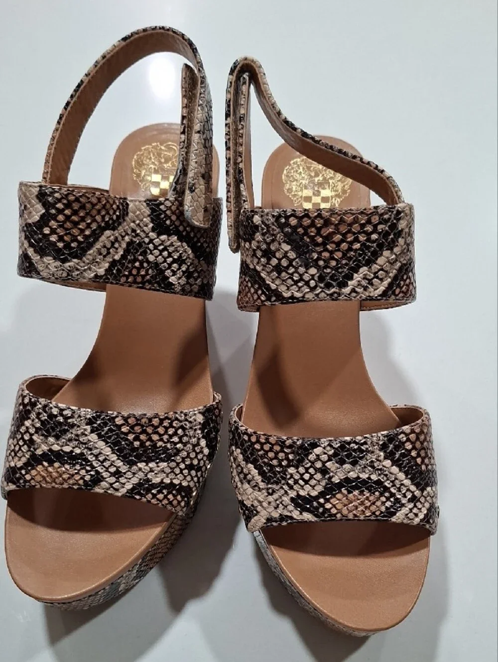 Vince Camuto Taupe Snake-Print Wedge Sandals